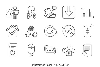 Chemical hazard, Refresh mail and Approved document line icons set. Scroll down, Load document and Search file signs. Mail, Diagram graph and Reject refresh symbols. Line icons set. Vector