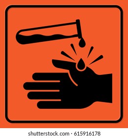 Chemical hazard warning sign. Black silhouettes on the orange background. Rectangular shape