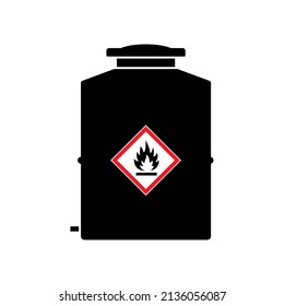 Chemical or hazardous material container with flammable pictogram and safety label.