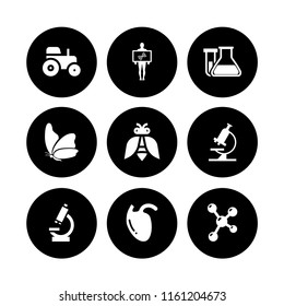 chemical icon. 9 chemical set with microscope, tractor, biology and dna vector icons for web and mobile app