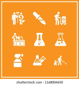 chemical icon. 9 chemical vector set. full test tube, flask, toxic and sprayer icons for web and design about chemical theme