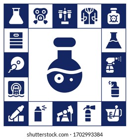 chemical icon set. 17 filled chemical icons.  Simple modern icons such as: Flask, Barrel, Fertilization, Science, Sewer, Flasks, Spray, Eyedropper, Gas mask, Test tube, Pump jack