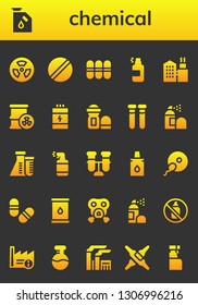 chemical icon set. 26 filled chemical icons.  Collection Of - Radioactive, Gas, Pill, Pills, Spray, Factory, Barrel, Proteins, Deodorant, Test tubes, Flask, Test tube, Eyedropper