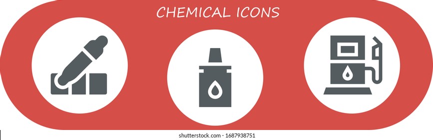 conjunto de iconos químicos. 3 iconos químicos rellenos. Incluido Cuentagotas, iconos de la gasolinera