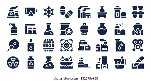 chemical icon set. 32 filled chemical icons. on blue background style Simple modern icons about  - Nuclear, Spray, Fertilization, Radioactive, Empty battery, Gas station, Eyedropper