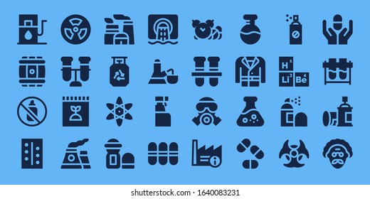 chemical icon set. 32 filled chemical icons. on blue background style Simple modern icons such as: Gas station, Barrel, Aerosol, Pills, Radioactive, Test tube, Fertilizer, Nuclear