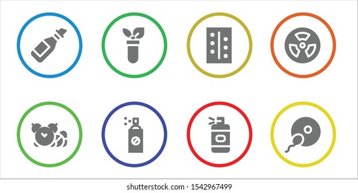 chemical icon set. 8 filled chemical icons.  Collection Of - Oil, Pills, Test tube, Insecticide, Spray bottle, Radioactive, Fertilization icons