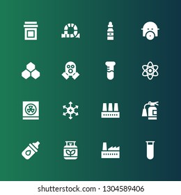 chemical icon set. Collection of 16 filled chemical icons included Test tube, Factory, Gas, Eye drops, Extinguisher, Positive ion, Radioactivity, Science, Gas mask, Benzene, Dropper