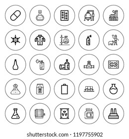 Chemical icon set. collection of 25 outline chemical icons with barrel, biologist, biology, fertilizer, flask, factory, empty battery, lab coat icons. editable icons.