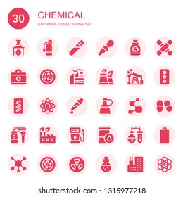 chemical icon set. Collection of 30 filled chemical icons included Flask, Extinguisher, Elixir, Dropper, Poison, Medical, Petri dish, Factory, Oil, Pills, Atom, Pipette, Molecule