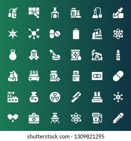 chemical icon set. Collection of 36 filled chemical icons included Dropper, Gas, Atom, Flask, Medical, Pills, Positive ion, Factory, Test tube, Nuclear, Potion, Pill, Oil, Gas mask