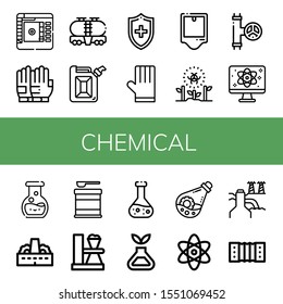 chemical icon set. Collection of Color picker, Gloves, Tank, Jerrycan, Medical, Urinal, Radioactive, Valve, Quantum, Chemistry, Factory, Formula, Test tube, Chemical, Science icons