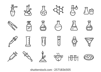 chemical icon set design. Chemistry lab line icons. Laboratory test flask, reaction tube, chemistry lab icons