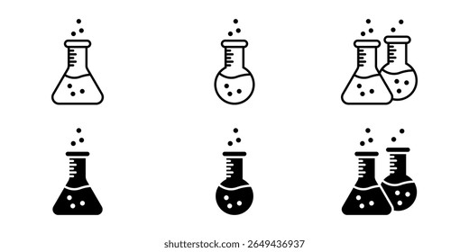 Chemical icon set. A minimalistic icon illustration of a laboratory flask in outline and solid style. Represents chemistry, science, or laboratory concept.