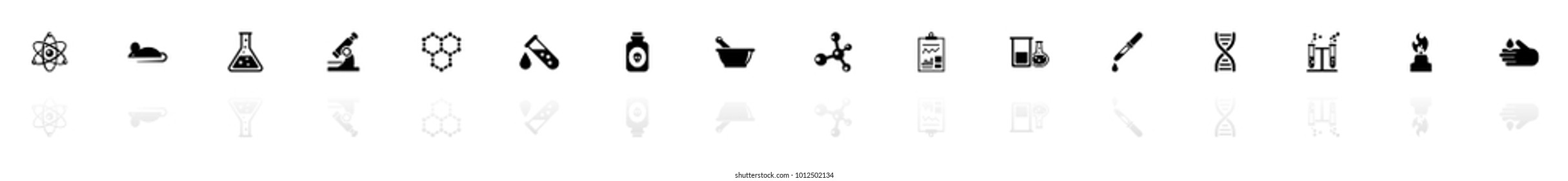 Chemical icons - Black horizontal Illustration symbol on White Background with a mirror Shadow reflection. Flat Vector Icon.