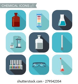 Chemical icons. Flat design with shadows. Chemical Laboratory, chemical glassware. vector illustration