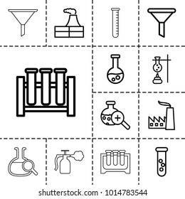 Chemical icons. set of 13 editable outline chemical icons such as factory, filter, test tube, test tube search