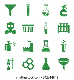Chemical icons set. set of 16 chemical filled icons such as spray bottle, heart test tube, medical ampoule, test tube, filter, factory, gas mask