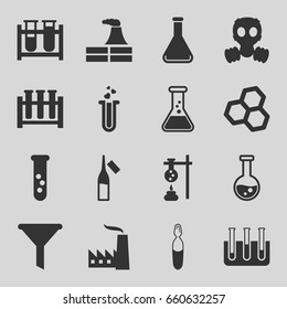 Chemical icons set. set of 16 chemical filled icons such as factory, test tube, ampoule, heart test tube, medical ampoule, gas mask, filter