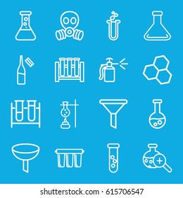 Chemical icons set. set of 16 chemical outline icons such as spray bottle, test tube, ampoule, heart test tube, test tube search, filter, gas mask