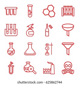 Chemical Icons Set. Set Of 16 Chemical Outline Icons Such As Spray Bottle, Ampoule, Heart Test Tube, Test Tube, Test Tube Search, Filter, Factory, Gas Mask