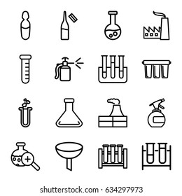Chemical icons set. set of 16 chemical outline icons such as factory, spray bottle, test tube, ampoule, heart test tube, medical ampoule, test tube search