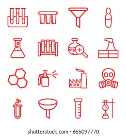 Chemical icons set. set of 16 chemical outline icons such as factory, spray bottle, heart test tube, test tube, medical ampoule, test tube search, filter, gas mask