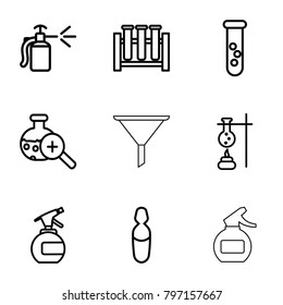 Chemical icons. set of 9 editable outline chemical icons such as spray bottle, test tube, medical ampoule, test tube search