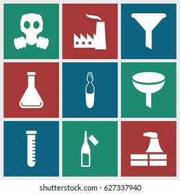 Chemical icons set. set of 9 chemical filled icons such as factory, ampoule, medical ampoule, test tube, gas mask
