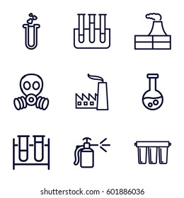 chemical icons set. Set of 9 chemical outline icons such as factory, spray bottle, test tube, heart test tube, filter