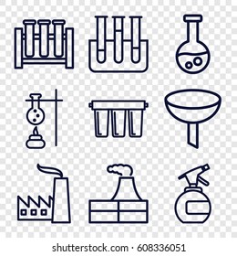 Chemical icons set. set of 9 chemical outline icons such as factory, spray bottle, test tube