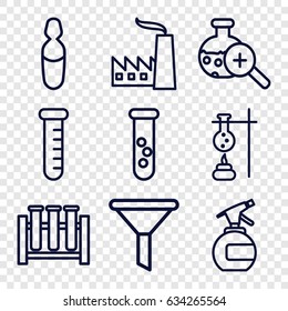 Chemical icons set. set of 9 chemical outline icons such as spray bottle, medical ampoule, test tube search, test tube, factory