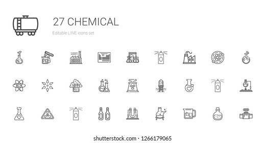 Chemical Icons Set. Collection Of Chemical With Beaker, Flask, Additives, Hairspray, Nuclear, Potion, Reservoir, Nuclear Plant, Science. Editable And Scalable Chemical Icons.