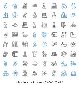 chemical icons set. Collection of chemical with flask, spray bottle, atomic, test tube, nuclear plant, atom, valve, gas, periodic table. Editable and scalable chemical icons.