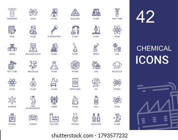 chemical icons set. Collection of chemical with hairspray, atom, flask, nuclear, test tube, trial, eyedropper, valve, nuclear plant, spray. Editable and scalable chemical icons. svg