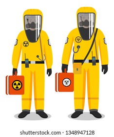 Chemical industry concept. Couple of workers man and woman in yellow protective suits standing together on white background in flat style. Dangerous profession. Vector illustration.
