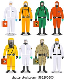 Chemical industry concept. Detailed illustration different workers in differences protective suits on white background in flat style. Dangerous profession. Vector illustration