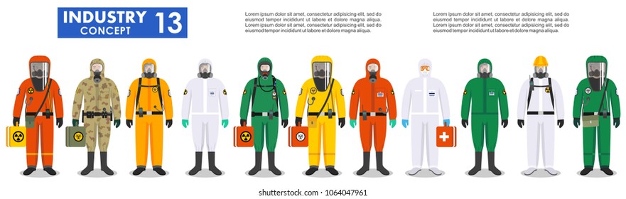 Chemical industry concept. Group different workers in differences protective suits standing together in row on white background in flat style. Dangerous profession. Vector illustration.