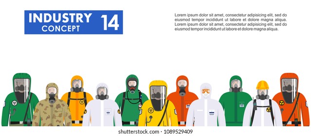 Chemical industry concept. Group different workers in differences protective suits standing together in row on white background in flat style. Dangerous profession. Vector illustration.
