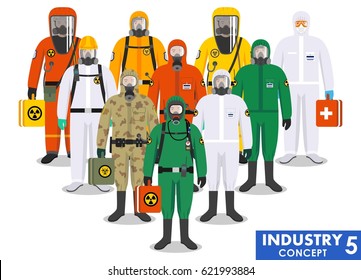 Chemical industry concept. Group different workers standing together in differences protective suits on white background in flat style. Dangerous profession. Vector illustration.