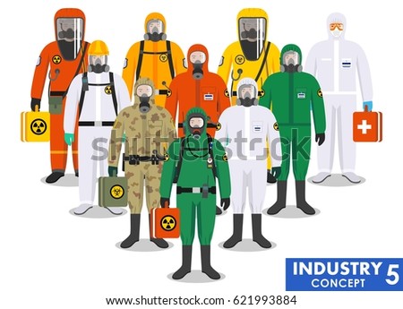 Chemical industry concept. Group different workers standing together in differences protective suits on white background in flat style. Dangerous profession. Vector illustration.