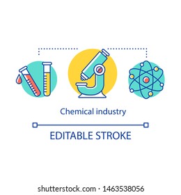 Chemical industry concept icon. Industrial chemicals producing. Test tubes, microscope, molecule. Laboratory experiment idea thin line illustration. Vector isolated outline drawing. Editable stroke