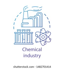 Chemical industry concept icon. Industrial chemicals producing. Plant, test tubes, molecule. Synthetic material production idea thin line illustration. Vector isolated outline drawing. Editable stroke