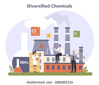 Chemical Industry Concept. Industrial Chemistry And Chemicals Production. Oil, Gas And Fertilizer. Isolated Flat Vector Illustration