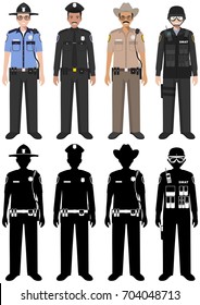 Chemical industry concept. Set of different silhouettes workers in differences protective suits on white background in flat style. Dangerous profession. Vector illustration.