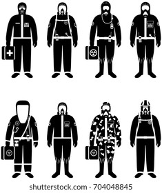 Chemical industry concept. Set of different silhouettes workers in differences protective suits on white background in flat style. Dangerous profession. Vector illustration.