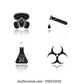Chemical industry drop shadow black icons set. Gas mask, boiling poison liquid, chemical test tube and biohazard danger symbol. Isolated vector illustrations