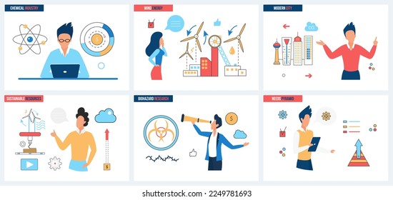 Chemical industry, ecology and renewable sustainable resources of nature set vector illustration. Cartoon tiny people work on energy consumption research of modern city, pyramid of basic needs