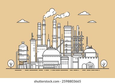 chemical industry enterprise. Horizontal industrial landscape silhouette. Oil refinery, tanks, pipes, production of petroleum products, liquefied gas, chemistry.
