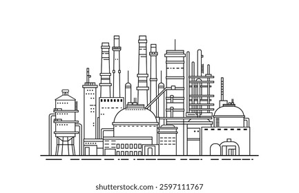 chemical industry enterprise outline silhouette. Horizontal industrial landscape. Oil refinery, tanks, pipes, production of petroleum products, liquefied gas, chemistry.